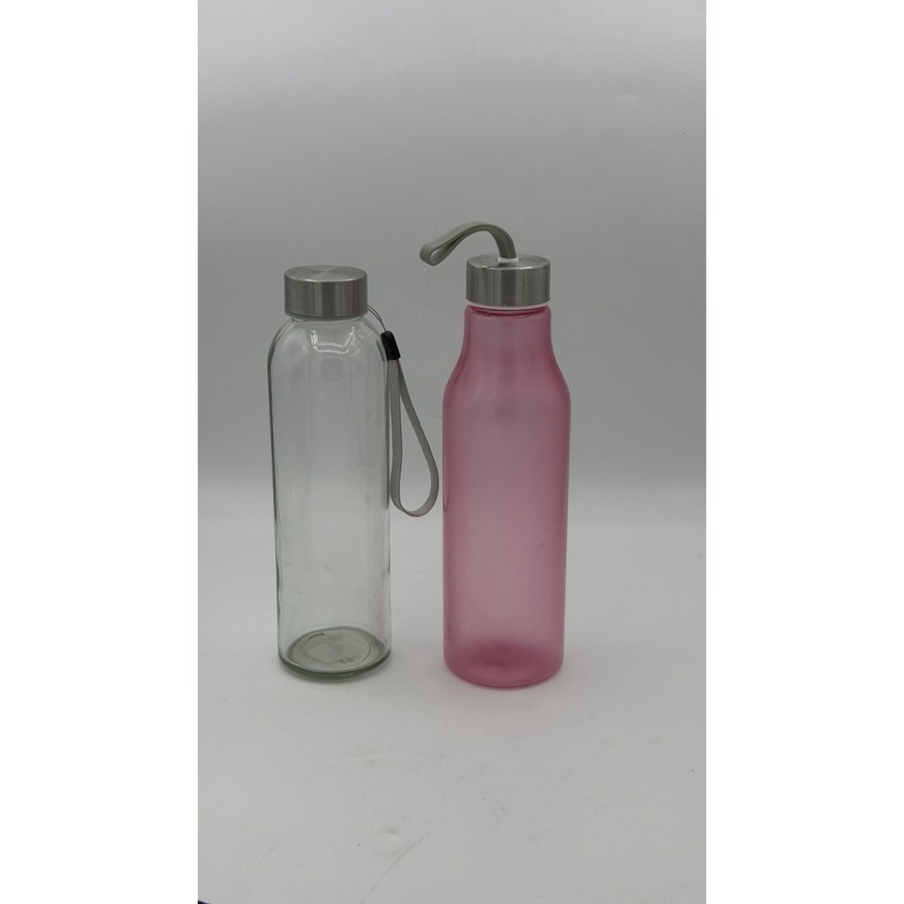 2- One glass & 1 pink plastic water bottle With stainless steel screw caps